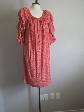 Ivy Street Red Floral Midi Dress with Gathered Neckline and Puff Sleeves